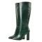 Pointed Toe Chunky Heels Crocodile Pattern Knee Highs Boots - Green Faux Leather