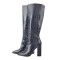 Pointed Toe Chunky Heels Crocodile Pattern Knee Highs Boots - Navy Faux Leather