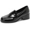Round Toe British Style Oxford Leather Chunky Heels Loafers - Black