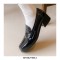 Round Toe British Style Oxford Leather Chunky Heels Loafers - Black