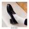 Round Toe British Style Oxford Leather Chunky Heels Loafers - Black