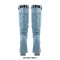 Square Toe Chunky Heels Side Zipper Platforms Knee Highs Buckle Straps Denim Boots - Light Blue