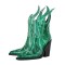 Pointed Toe Rhinestone Flames Chunky Heels Side Zipper Western Boots - Green