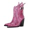 Pointed Toe Rhinestone Flames Chunky Heels Side Zipper Western Boots - Pink