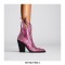 Pointed Toe Rhinestone Flames Chunky Heels Side Zipper Western Boots - Gold