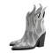 Pointed Toe Rhinestone Flames Chunky Heels Side Zipper Western Boots - Silver