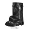 Round Toe Fold Over Mid Calf Knee Highs Lock Decorated Wedges Boots - Black Faux Leather