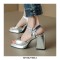 Peep Toe Chunky Heels Ankle Buckle Straps Metallic Sandals Pumps - Silver