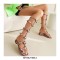 Peep Toe Knee High Buckle Straps Rhinestones Flats Slippers Sandals - Rose Red