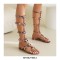Peep Toe Knee High Buckle Straps Rhinestones Flats Slippers Sandals - Rose Red