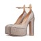 Round Toe Chunky Heels Ankle Buckle Straps Platforms Rhinestones Pumps - Apricot Tan Faux Leather