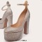 Round Toe Chunky Heels Ankle Buckle Straps Platforms Rhinestones Pumps - Apricot Tan Faux Leather