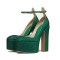 Round Toe Chunky Heels Ankle Buckle Straps Platforms Rhinestones Pumps - Green Faux Leather