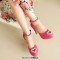 Round Toe Block Heels Love Heart Shaped Pearl Beads Ankle Buckle Straps Sandals - Rose Faux Leather