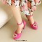 Round Toe Block Heels Love Heart Shaped Pearl Beads Ankle Buckle Straps Sandals - Rose Faux Leather