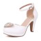Round Toe Block Heels Love Heart Shaped Pearl Beads Ankle Buckle Straps Sandals - White Faux Leather