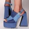 Open Square Toe Chunky Heels Platforms Slingback Denim Sandals - Blue