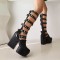 Metal Heart Buckle Square Toe Knee-High Gladiator Boots - Black Faux Leather