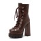 Round Toe Lace Up with Zipper Chunky Heels Ankle High Platforms Punk Boots - Brown