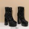 Round Toe Platforms Side Zipper Ankle Highs Bling Style Boots - Black Sequined Cloth