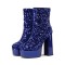 Round Toe Platforms Side Zipper Ankle Highs Bling Style Boots - Blue Sequined Cloth