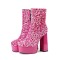 Round Toe Platforms Side Zipper Ankle Highs Bling Style Boots - Pink Sequined Cloth
