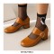 Round Toe Buckle Straps Chunky Heels Mary Janes Pumps - Auburn