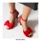 Peep Toe Ankle Buckle Straps Bowtied Stiletto Heels Satin Sandals - Red