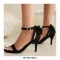 Peep Toe Ankle Buckle Straps Back Ribbon Stiletto Heels Suede Sandals - Black