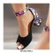 Peep Toe Ankle Buckle Straps Floral Chunky Heels Suede Sandals - Black