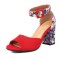 Peep Toe Ankle Buckle Straps Floral Chunky Heels Suede Sandals - Red