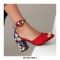 Peep Toe Ankle Buckle Straps Floral Chunky Heels Suede Sandals - Red