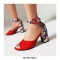 Peep Toe Ankle Buckle Straps Floral Chunky Heels Suede Sandals - Red