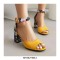 Peep Toe Ankle Buckle Straps Floral Chunky Heels Suede Sandals - Yellow