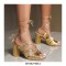Peep Toe Chunky Heels Gladiators Ankle Straps Glitters Lace Up Sandals - Gold