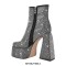 Square Toe Chunky Heels Side Zipper Platforms Ankle Highs Rhinestones Boots - Black