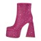 Square Toe Chunky Heels Side Zipper Platforms Ankle Highs Rhinestones Boots - Hot Pink