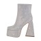 Square Toe Chunky Heels Side Zipper Platforms Ankle Highs Rhinestones Boots - Silver