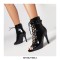 Peep Toe Stiletto Heels Ankle Buckle Straps Lace Up Summer Jazz Night Booties with Back Zipper - Patent