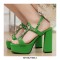 Peep To T Straps Crystal Decorated Chunky Heels Back Straps Platforms Pumps - Green