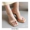 Peep To T Straps Crocodile Pattern Chunky Heels Summer Slippers Sandals - Apricot Beige