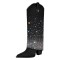 Pointed Toe Knee High Fold Down Pull On Chunky High Heels Rhinestones Boots - Black