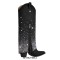 Pointed Toe Knee High Fold Down Pull On Chunky High Heels Rhinestones Boots - Black