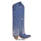 Pointed Toe Knee High Fold Down Pull On Chunky High Heels Rhinestones Boots - Blue