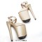 Peep Toe Stiletto Heels Snake Print Ankle Cross Straps Platforms Sandals  - Beige Faux Leather