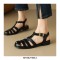 Round Toe Summer Ankle Straps Gladiator Fretwork Open Heel Flat Sandals - Black