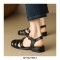 Round Toe Summer Ankle Straps Gladiator Fretwork Open Heel Flat Sandals - Black
