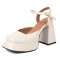 Round Toe Chunky Heels Ankle Buckle Straps Low Platforms Sandals - White Patent