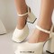 Round Toe Chunky Heels Ankle Buckle Straps Low Platforms Sandals - White Patent