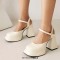Round Toe Chunky Heels Ankle Buckle Straps Low Platforms Sandals - White Patent